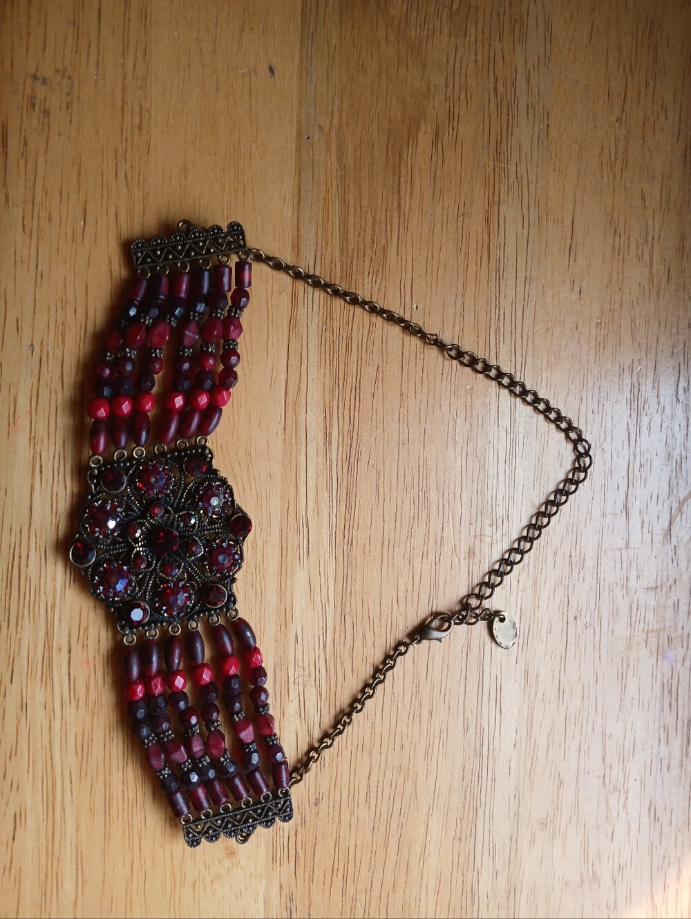 Antique Brass Red Beaded Statement Necklace